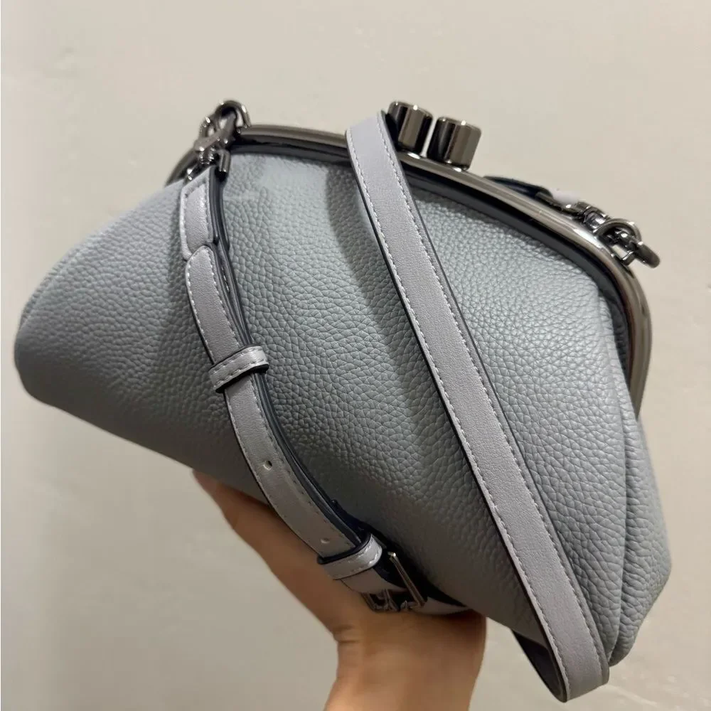 Gray Togo Cowhide Calfskin Handmade Kisslock Wristlet, Shoulder Bag, Crossbody
